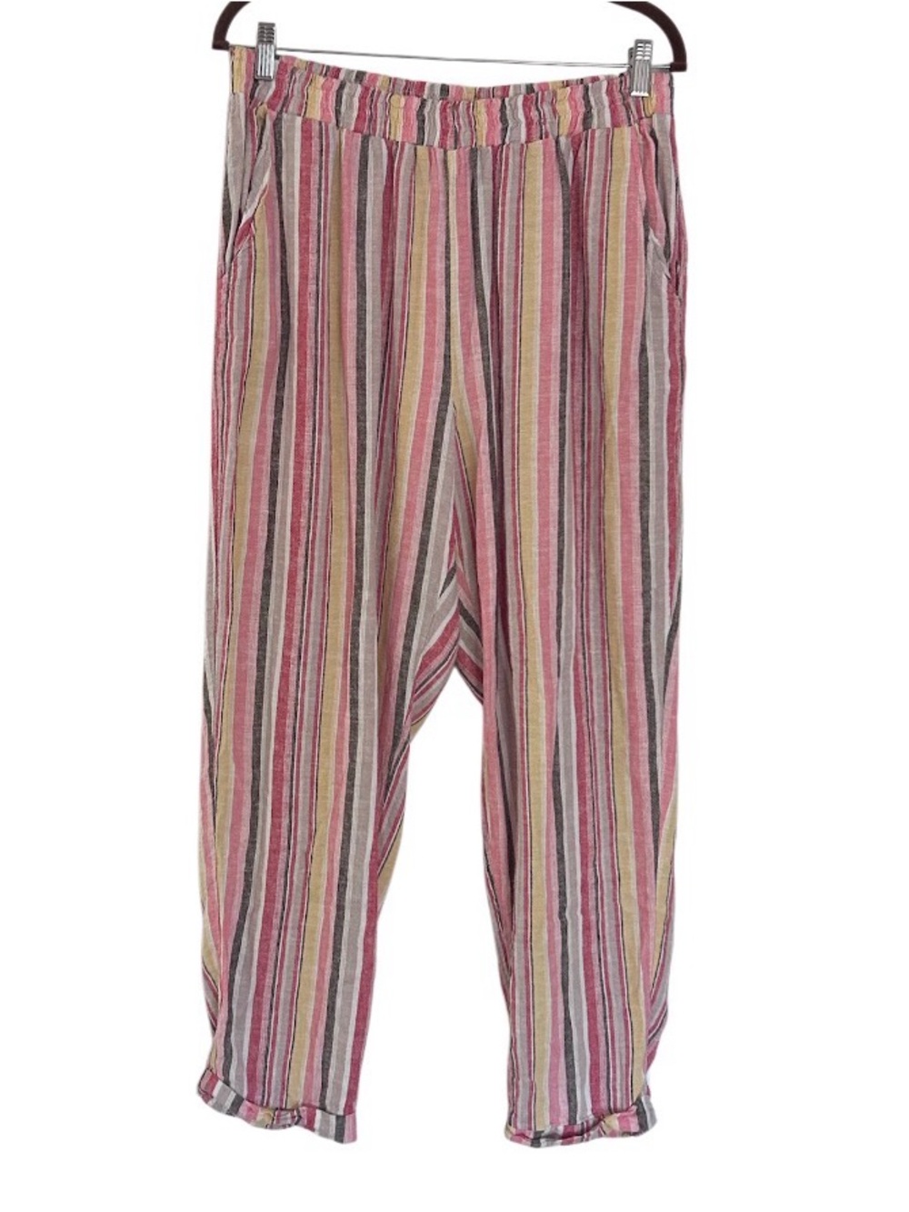 Soft Surroundings Pants Size XL Striped Linen Pull-On Cuffed Leg Ankle